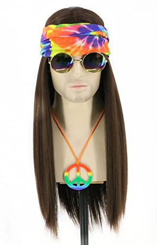 Topcosplay 4er Set Hippie Kostüm Vokuhila Perücke Bandanas Sonnenbrille Frieden Zeichen Halskette 70er 80er Jahre Disco Perücke Lang Gerade Disco Perücke für Karneval Halloween (Gerade Hippie Perücke)