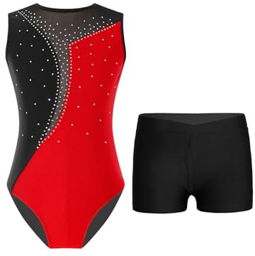 TTAO Kinder Mädchen Ärmellos Gymnastikanzug mit Strassstein Training Leotard mit Shorts Turn Set Gymnastik Training Dancewear Gymnastikbody Rot schwarz 134-140