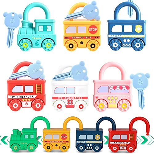 PUZAME Lock and Key Montessori Toy for 1-5 Year Olds - 6 Padlock Car Models Matching Counting Game - Fine Motor Skills Preschool Educational Learning Activities for Kids Boys Girls