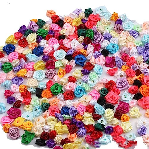 Yurosiay 300 Stück Mini Satin Rosen 15mm Mini Rosenköpfe Stoff Handmade Kleine Satin Rosen Bunt Ribbon Rosen Kunstrosen Deko Mini Rosen Basteln für Hause Hochzeit Dekor DIY Handwerk Bunt 1#