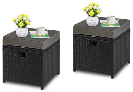 YIYAN 2-Stücke Patio Ottoman Set Outdoor Rattan Wicker Ottoman Sitz mit abnehmbaren Kissen Patio Möbel Fußhocker Fußstütze Sitz Grey
