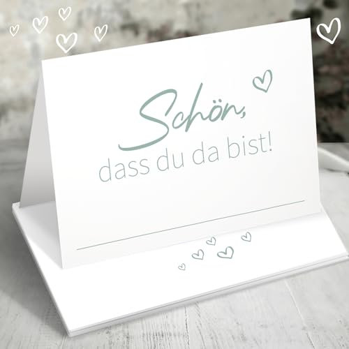 50 Tischkarten Hochzeit 85x55mm - Platzkarten Hochzeit - Tischkarten Geburtstag - Schön, DASS du da bist Namenskarten zum selber Beschriften mit Herz, Elegante Hochzeitsdeko Tischdeko Grün