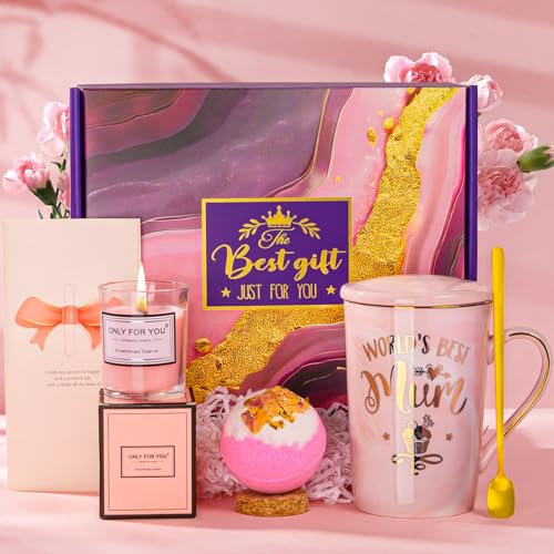 Biching Mum Birthday Gifts, Birthday Gifts Hamper Basket for Mum, World's Best Mums Pamper Mug Gifts Set, Mummy Presents from Daughter Son Kids, Anniversary Mothers Day Presents