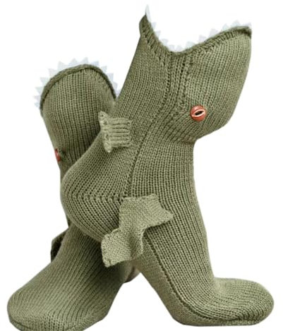 TIMECOSY Socken Unisex Strick T-Rex Dinosaurier Hai Lustige Crazy Croc Tier Socken Weihnachten Kreative Winter Boden Zuhause Warme Socken für Frauen Große Kinder und Männer (Größe 5-11), Grün , Medium