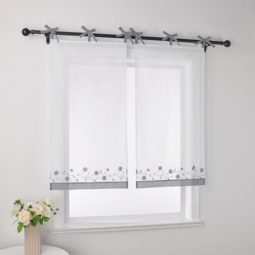 Joyswahl Voile Scheibengardine im Landhausstil »Kamille« Cáfe Gardinen Transparent Kurz Küchengardinen Bistrogardinen Küche Grau HxB 140x80cm 1 Stück