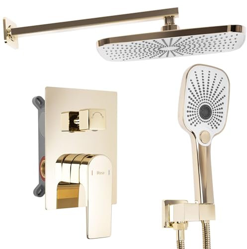 Rea MOBY Gold Duschsystem Unterputz Duschset Duscharmatur mit Duschkopf und Kopfbrause aus Messing Duschgarnitur für Badezimmer (gold)