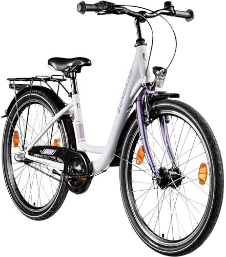 ZÜNDAPP C400 Mädchenfahrrad 24 Zoll Fahrrad ab 130-145 cm Jugendfahrrad Tiefeinsteiger Kinderfahrrad 3 Gänge (weiß/lila, 35 cm)