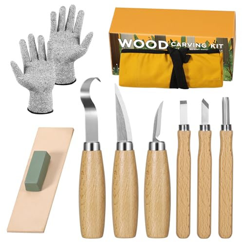 Kit de Tallado de Madera 10 en 1 para principiantes, Kit de Herramientas para Tallar Madera, incluye 6 Cuchillos Para Tallar Madera Seco, Guantes Resistentes a Cortes, Bolsa de Lona