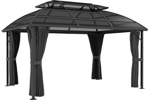 Outsunny 4 x 3(m) Polycarbonate Gazebo Outdoor, Hardtop Garden Patio Gazebo with Curtains, Nettings, Double Roof, Aluminium Frame for Lawn, Yard, Patio, Deck, Black