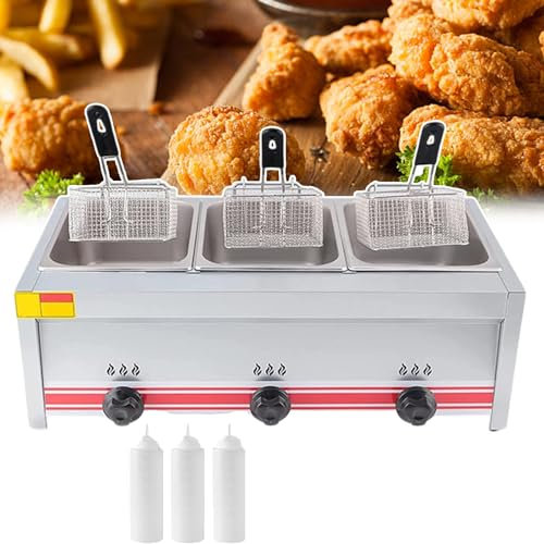 Machine À Frire À Gaz À Trois Fentes Pour Le Commerce, (30 L) Friteuse À Huile De Grande Capacité Pour Cuisine Et Cuisine En Plein Air Avec Puissance De Feu Réglable Pour Frites, Steaks