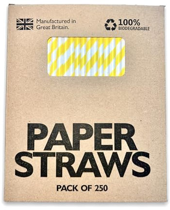 Pajitas de papel biodegradables, paquete de 250 pajitas desechables amarillas y blancas para suministros de fiesta, cumpleaños, bodas y Navidad, pajitas reciclables para jugo, café y bebidas frías, 6