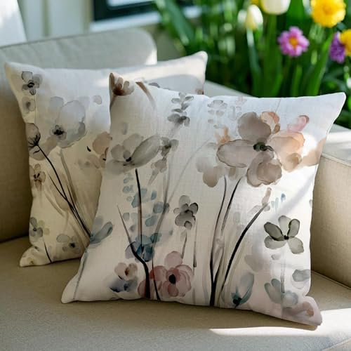 Vorysum Outdoor Kissen Wetterfest Kissenbezüge 50x50 cm Sommer Kissenbezug Modern Dekokissen Tuschemalerei Sofakissen Blumen Dekorativ Kissenhülle aus Polyster für Garten Sofa Wohnzimmer Bett