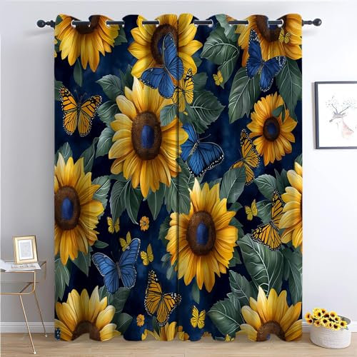 Verdunklungsvorhänge Gardinen mit Ösen Blickdichte Vorhänge Lärmschutzvorhang für Kinderzimmer Thermo Gardinen mit Sonnenblume, blauer Schmetterling Muster, 160 x 70 cm, Aquarell-Elemente 2er Set