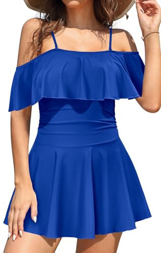 SHEKINI Maillot de bain une pièce pour femme - Dos nu - Jupe de bain plissée - Contrôle du ventre - Maillot de bain pour femme - Grande taille - Jupe de natation, bleu roi, M