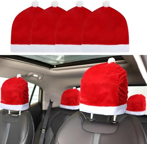 Mcvcoyh 4-Stücke Santa Hut Auto Kopfstütze Abdeckung Weihnachten Auto Dekoration Santa Hut Weihnachten Auto Kopfstütze Abdeckung Dekorationen Festival