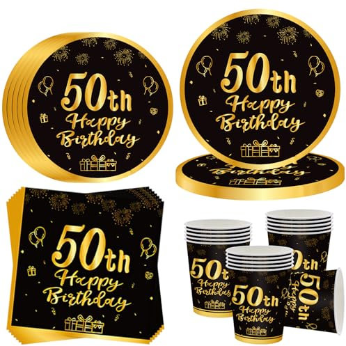 OMZSXK Vajilla para fiesta de 50 cumpleaños para 16 invitados, color negro y dorado, plato de fiesta de 50 cumpleaños, platos de papel, vasos y servilletas para hombres y mujeres, decoración de feliz
