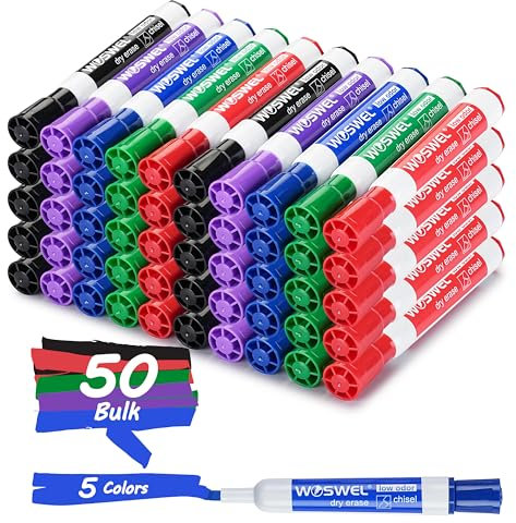 WOSWEL Dry Erase Markers, Chisel Tip Whiteboard Markers, Low Odor Thick Dry Markers, 50 Bulk 5 Assorted Colors for Kids/Teachers, Classroom, Office & Home Use