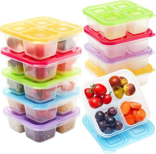 LATERN 10 Stück 4 Fächern Bento-Snackbehälter, 17CM x 16CM Bento-Lunchbox Stapelbare Lebensmittel Vorratsbehälter Auslaufsichere Essenszubereitungsbox für Schule Arbeit Reisen (5 Farben)