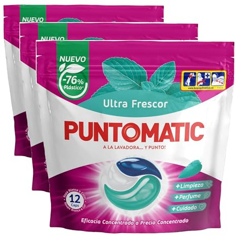 PUNTOMATIC | Cápsulas Tricámara Frescor | Detergente Lavadora para Ropa Blanca y de Color | Quitamanchas | 12 lavados (Paquete de 3)