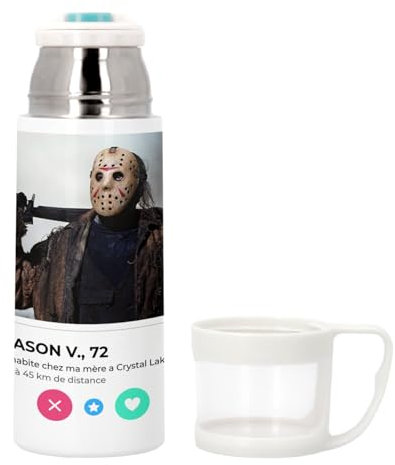 Thermoskanne aus Edelstahl mit integrierter Tasse – Jason Voorhees Horrorfilm Social Network Treffen Liebe – 350 ml – Thermosflasche