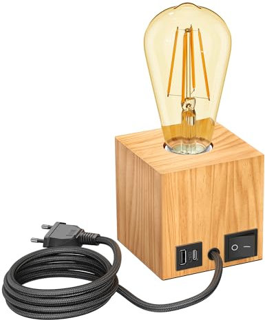 ledscom.de Tischlampe HITO, Holz massiv, eckig, USB, inkl. E27 Lampe Retro, gold, max. 814lm, 3-Stufen, extra-warmweiß