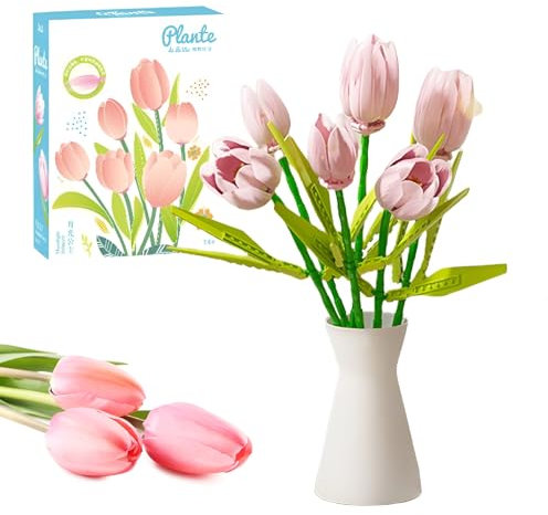 Fuleying Blumenstrauß Bausteine Bausatz, Tulpe Botanische Klemmbausteine, DIY Künstliche Blumen für Zuhause Büro Dekoration, Geschenkidee für Erwachsene Ihre Frauen (Rosa)
