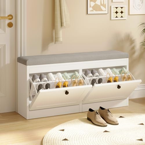 VOWNER Zapatero Estrecho, Banco Zapatero, Zapatero 2 Cajones, Zapatero Entrada Recibidor, 106L x 31P x 52H cm, Zapatero Madera, para Entrada Estrecha, Pasillo, Alla de Zapato (Blanco)