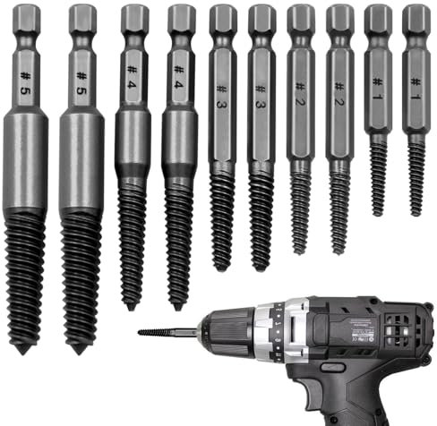 HELION 10 PCS Screw Extractor, Screw Removal Tool Sc rew Remover and Extractor Bit Set Damaged Screw-Extractor Set, Stripped Screw-Extractor for Removing Broken Bolts Studs Sizes 1#-5#