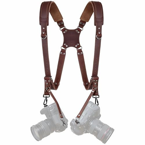Padwa Lifestyle Dunkelbraun Doppel-Kameragurt mit Polsterung für 2 Kameras - Doppelter Schultergurt aus Vollnarbenleder, verstellbarer Multikameragurt, Doppel-Kameragurt für Fotografen