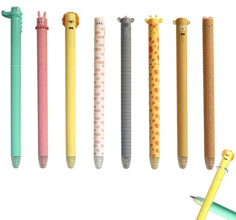Radierbarer Kugelschreiber Radierbare Stifte mit Tierkopf | 8 Cartoon Radierbarer Gelschreiber, 0,7mm Blau Mine, Kawaii Schreibwaren für Kinder Studenten Schule Büro (8 PCS)