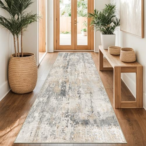 Capslpad Graugold Abstrakter Teppich 80x300cm Flurläufer, Waschbarer Küchenläufer, Rutschfester Kurzflor, Modern Minimalistischer Kunstwolle Teppich für Wohnzimmer und Schlafzimmer
