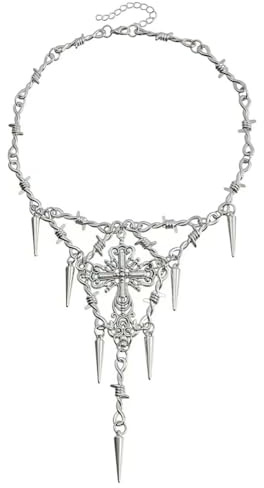Niaspi Barbed Wire Cross Choker Pendant Necklace for Women Vintage Gothic Spike Drop Geometric Shaped Clavicle Chain Exaggerated Punk Twisted Y Necklaces Wedding Birthday Prom Party Jewelry