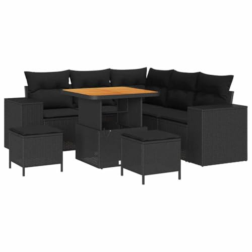 vidaXL Garten-Sofa-Set 8 pcs Schwarz Poly-Rattan, Al Fresco Treffen, modernes Garten-Lounge-Set, wetterfestes Sofa, Flexible Sitzplätze, Akazienholz-Design