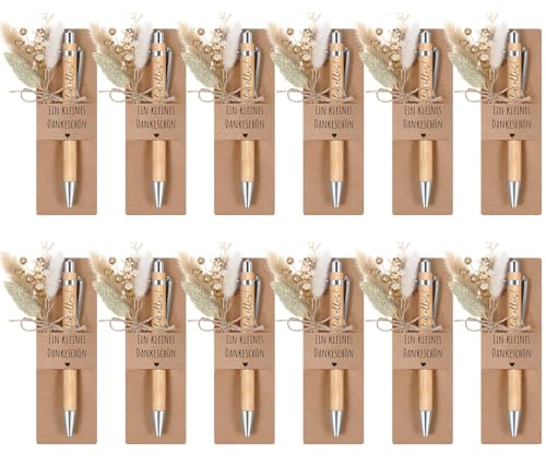Hestya 12 Set Ein Kleines Dankeschön Kugelschreiber mit Gravur Geschenke | 12 Holz Kugelschreiber, 12 Echtem Trockenblumenstrau, 12 Stifthalter aus Papier, Abschiedsgeschenk, für Lehrerin Kollegen