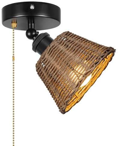 FSLiving wohnmobil beleuchtung 12V,Braunes Rattan Dimmbar Deckenleuchte,Innenbeleuchtung mit E27-Fassung, Rattan Lampenschirm für Wohnmobilen Boot Camper Van - XDD779