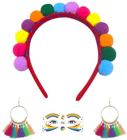 SANLIUSANJIU Regenbogen Kostüm Zubehör Enthält Pompon-Haarreif Regenbogen Ohrringe, Gesichtsaufkleber für Fasching Karneval Tanz Mottoparty Geburtstag