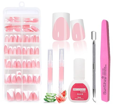 140Stück Französische Pinke Drücknägel Kurz | 14 Größen Weiße Kante Künstliche Nägel Set | Langanhaltendes Komplettes Maniküre-Set mit Kleber&Schieber&Nagelfeilen&Nagelpflegelösung | Heimmaniküre DIY