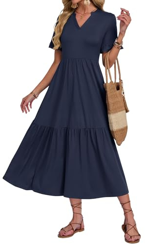AUSELILY Summer Dresses for Women UK V Neck Maxi Dresses Navy Blue L
