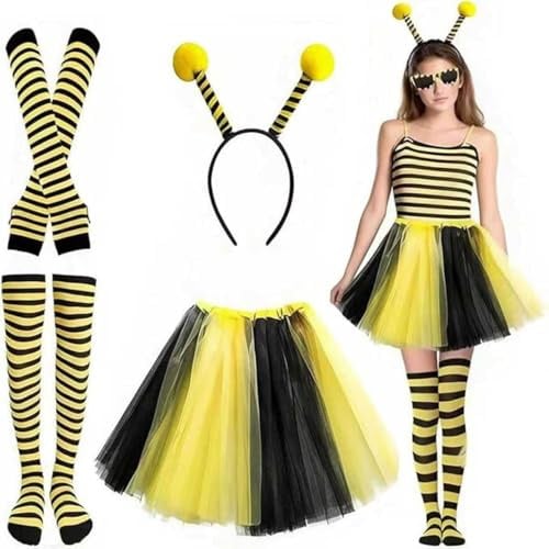Ayucanpeng Bienenkostüm Erwachsene,Damen Bienenkostüm,Bienen Haarreif, Tüllrock,Gestreifte Socken,Lange Handschuhe, für Fasching Verkleidung,Rollenspiele Party