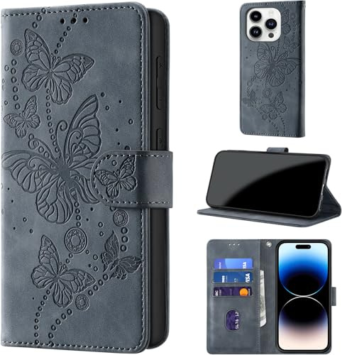 for iPhone 14 Pro Wallet Case Flip, Gray Purple | RFID Blocking, 3 Card Holder Stand, Shockproof TPU Shell, PU Leather Magnetic Closure