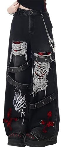 FYHTC Y2K Grunge Goth Vintage Casual Hohe Taille Gerade Weites Bein Zerrissen Reißverschluss Roter Stern Kreuz Besatz Jeans Cargo Hose