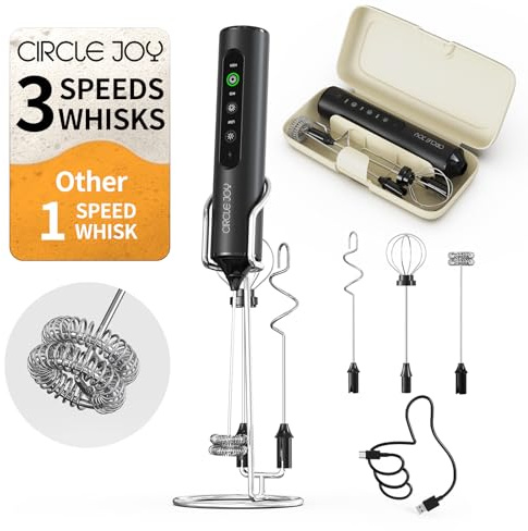 CIRCLE JOY Rechargeable Handheld Milk Frother Wand with Stand, 3 Variable Speeds, 3 Whisks and Storage Box, Electric Drink Mixer for Latte, Cappuccino, Hot Chocolate, Eggs and Protein Powder, Black