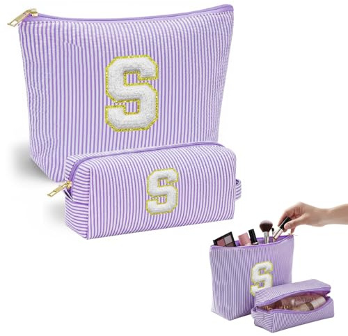 VLYX Trousse de Maquillage Personnalisée - Grandes Trousses Cosmétiques pour Femmes A-Z Initiales, Lot de 2 - Trousse de Toilette Portable, Idée Cadeau d'anniversaire (Violet-S)