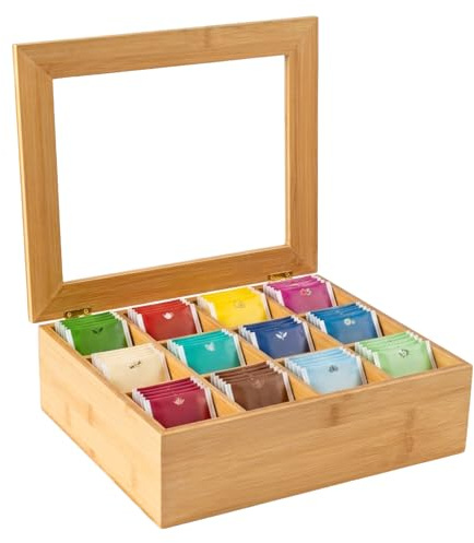 CaitongX Große Bambus-Teebox 12 Fächer – Teebeutel-Organizer aus Holz mit Acrylfenster, Aufbewahrungsbox für Tee, Kaffee, Gewürze, Küchen- und Büroorganisation, 28.5x23.5x9cm