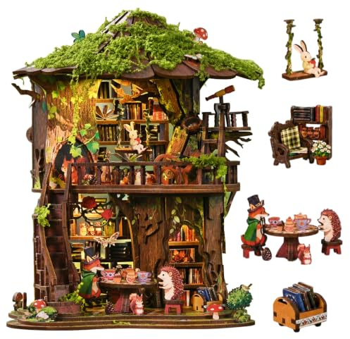 DIY Miniature House Kit, Forest Tea Book Club Fantasy Fairy Forest 3D Wooden Dollhouse with LED Light, Wooden Puzzle Building Model Kit, Stress Relief Creative Craft Gift for Adults Teens