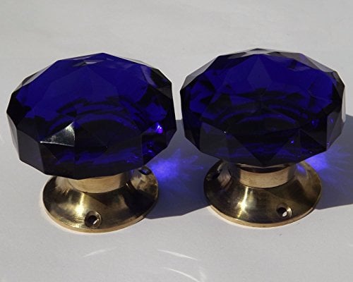 Peter Sharpe Door knobs mortice, Dark Blue large cut glass Brass base (pair)