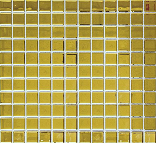 Mosaik Fliese Glasmosaik Gold Glänzend Wandfliese Küchenfliese Fliesenspiegel Mosaikstein Format: 25x25x4 mm, Bogengröße: 327x302 mm, 10 Matten