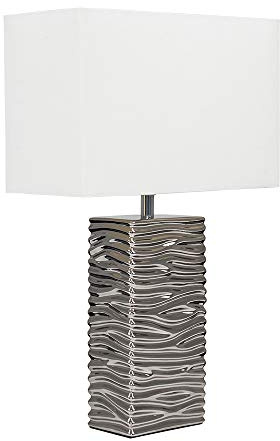 MiniSun | Modern Silver Ripple Effect Ceramic Table Lamp with a White Light Shade | Home Décor, Bedside & Desk Lamp | Includes Bulb [3000K Warm White]