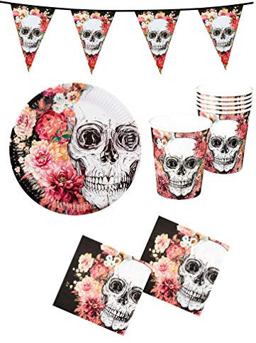 Karneval-Klamotten Halloween Tischdeko Party Set XXL Totenkopf Horror Partygeschirr 24 Teile Teller Becher Servietten Girlande La Catrina Tag der Toten