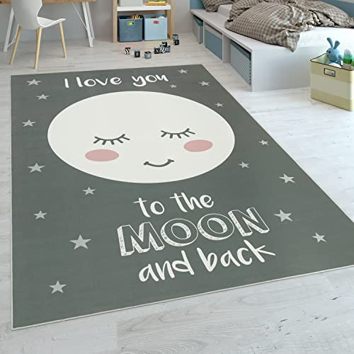 Paco Home Kinderteppich Kinderzimmer Mädchen Sterne Niedlicher Mond Spruch Grau, Grösse:80x150 cm